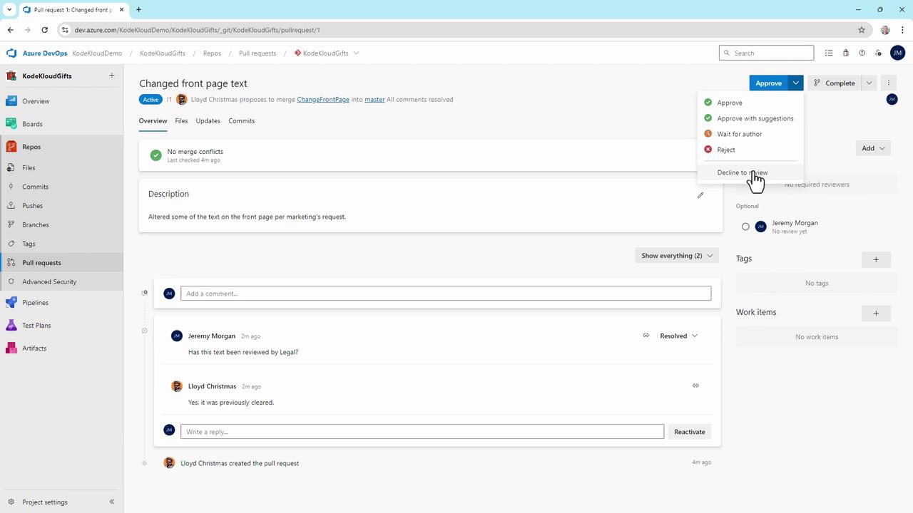 The image shows a pull request interface in Azure DevOps, where a user is reviewing changes to the front page text. There are comments and options to approve or reject the changes.