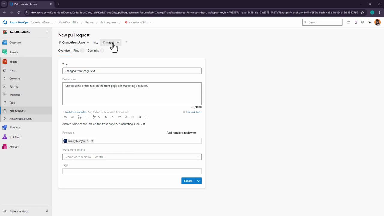The image shows a screenshot of a new pull request being created in Azure DevOps, with fields for the title, description, and reviewers. The pull request is for merging changes from the "ChangeFrontPage" branch into the "master" branch.