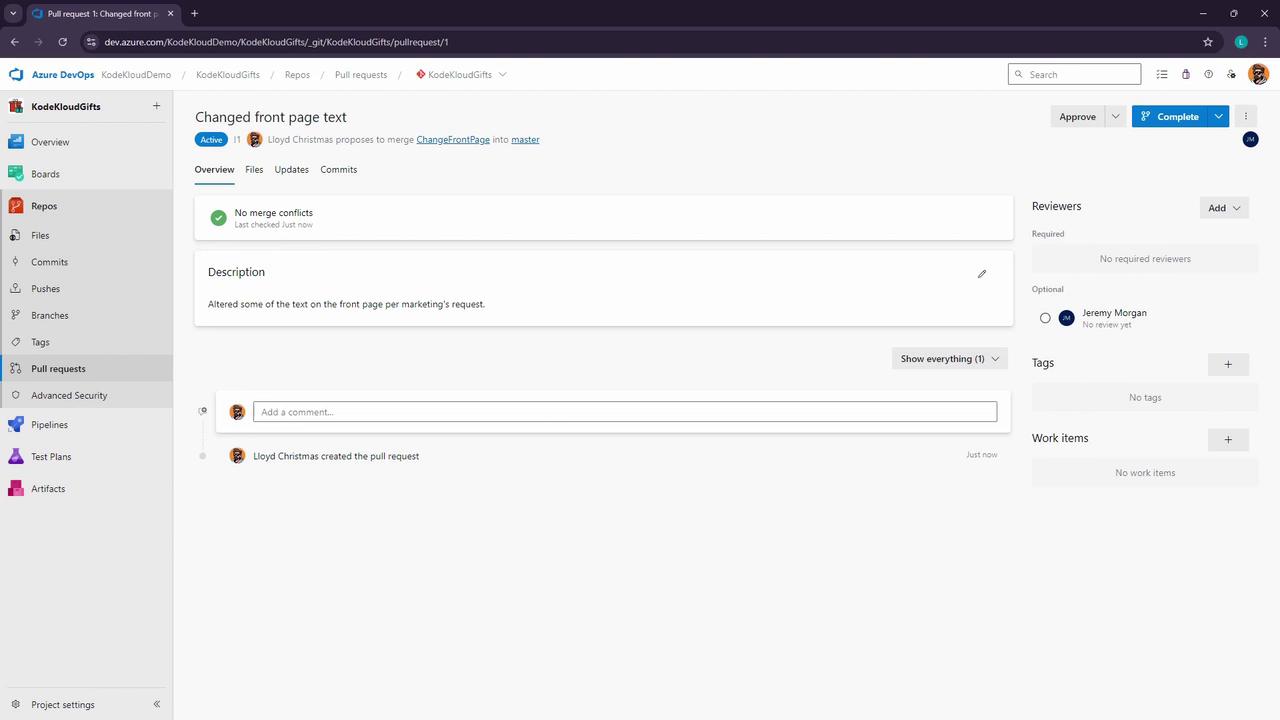 The image shows a pull request page in Azure DevOps for a project named "KodeKloudGifts," with details about changes to the front page text and no merge conflicts.