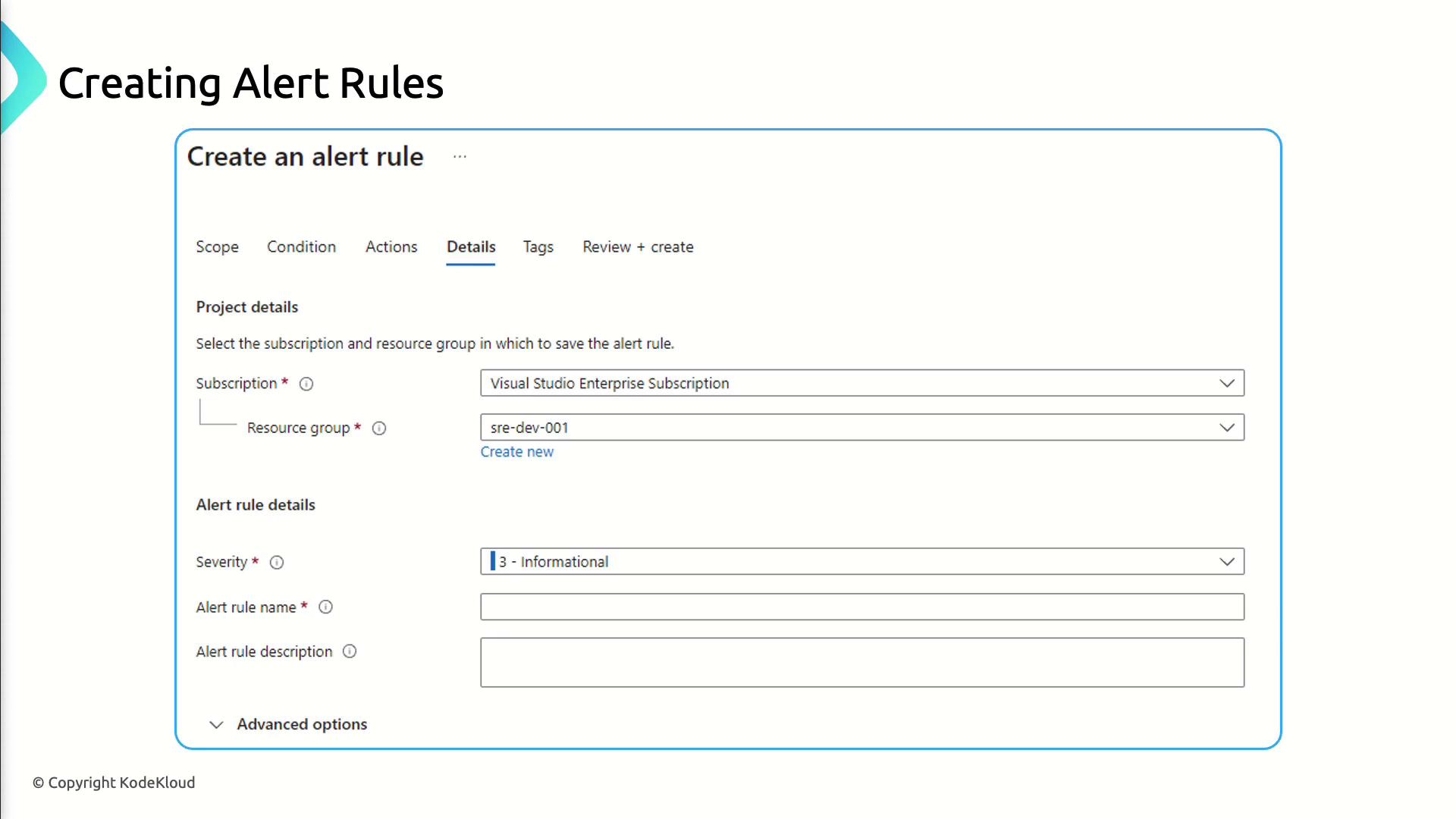 The image shows a form for creating alert rules in a software interface, with fields for subscription, resource group, severity, alert rule name, and description. It is part of a tutorial or guide on setting up alert rules.