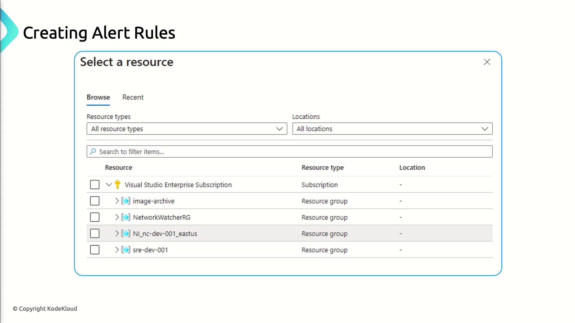 The image shows a user interface for creating alert rules, where a resource can be selected from a list that includes various resource types and locations.