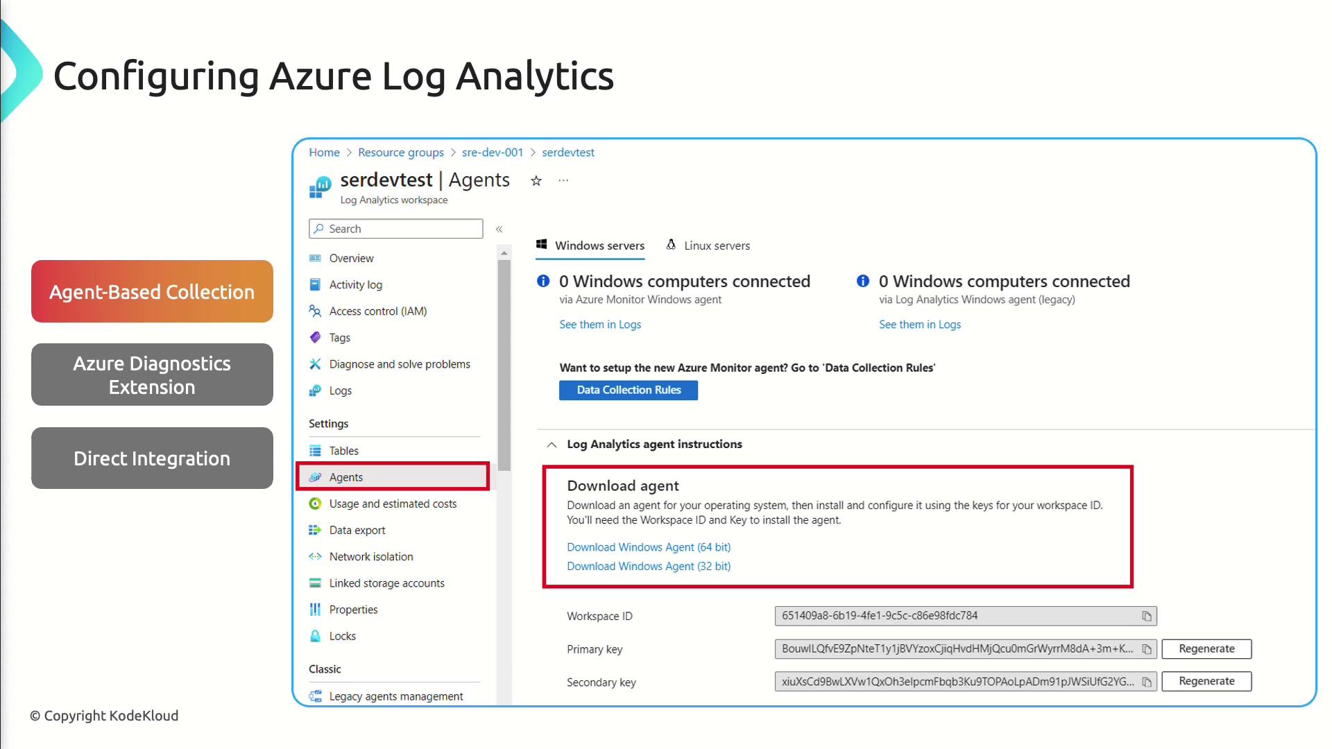 The image shows a configuration screen for Azure Log Analytics, highlighting the process of downloading and setting up an agent for Windows computers. It includes options for agent-based collection, Azure diagnostics extension, and direct integration.