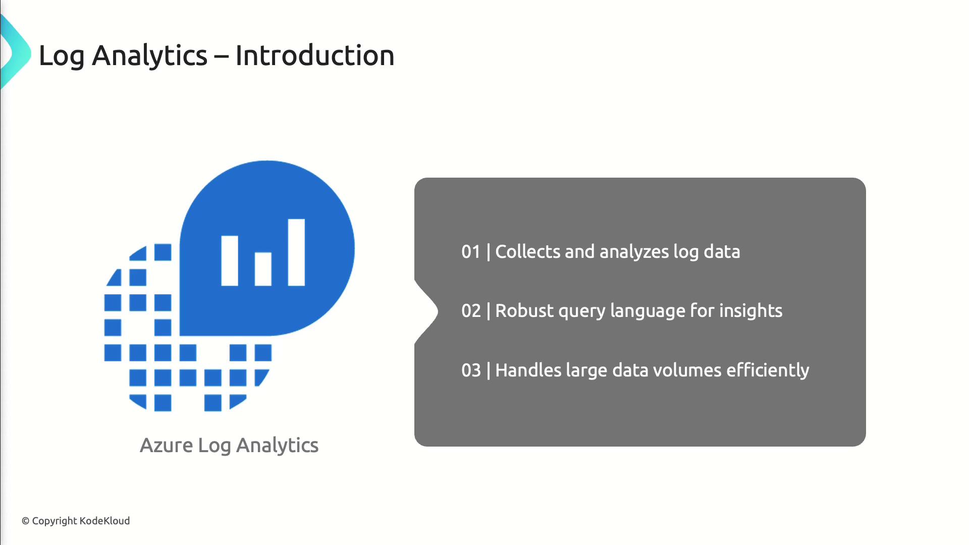 The image is an introduction to Azure Log Analytics, highlighting its capabilities to collect and analyze log data, use a robust query language for insights, and handle large data volumes efficiently.
