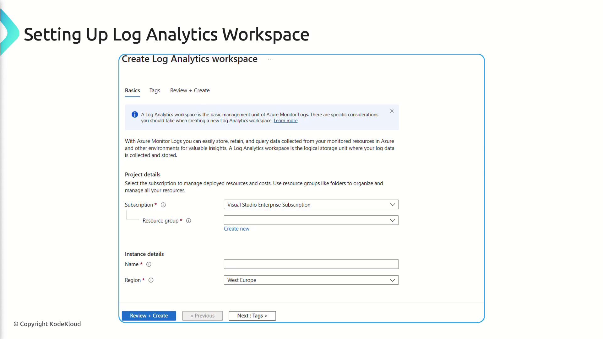 The image shows a setup screen for creating a Log Analytics workspace in Azure, with fields for project and instance details such as subscription, resource group, name, and region.