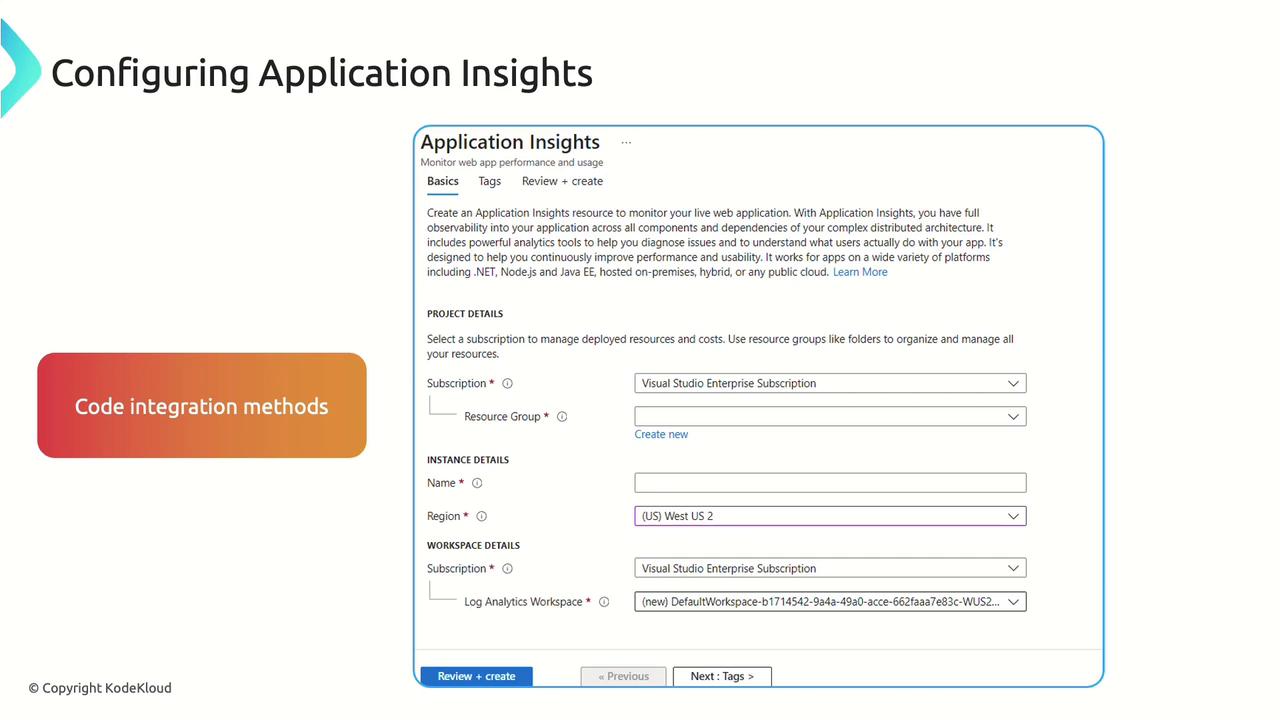 The image shows a configuration screen for setting up Application Insights, detailing project, instance, and workspace details. It also includes a section labeled "Code integration methods."