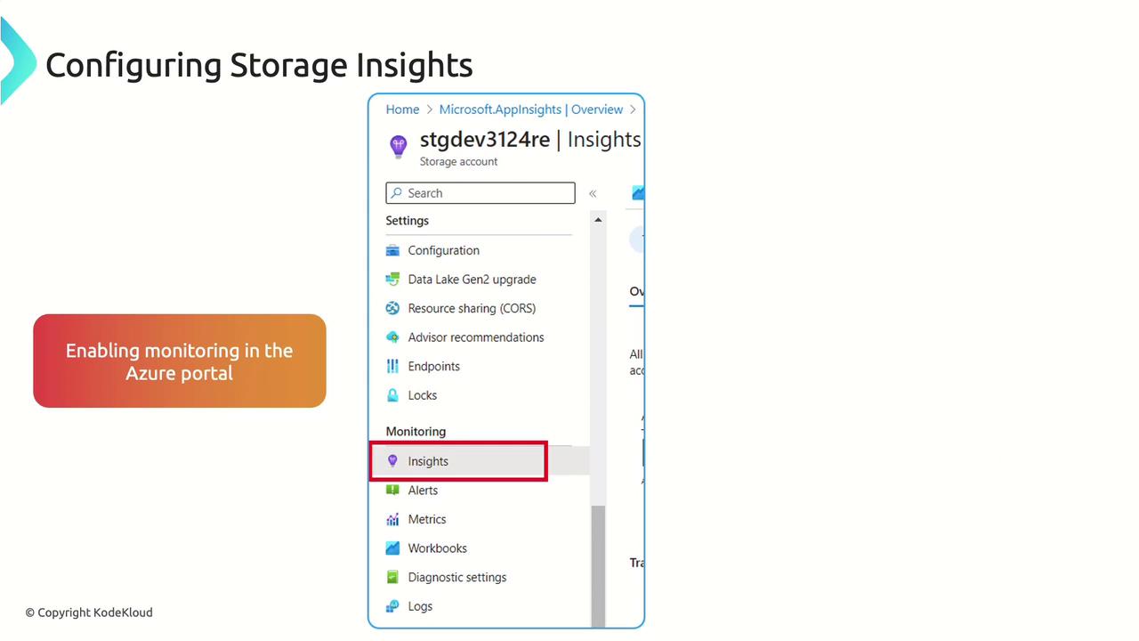 The image shows a screenshot of the Azure portal interface, highlighting the "Insights" option under the "Monitoring" section for configuring storage insights. There's also a note about enabling monitoring in the Azure portal.