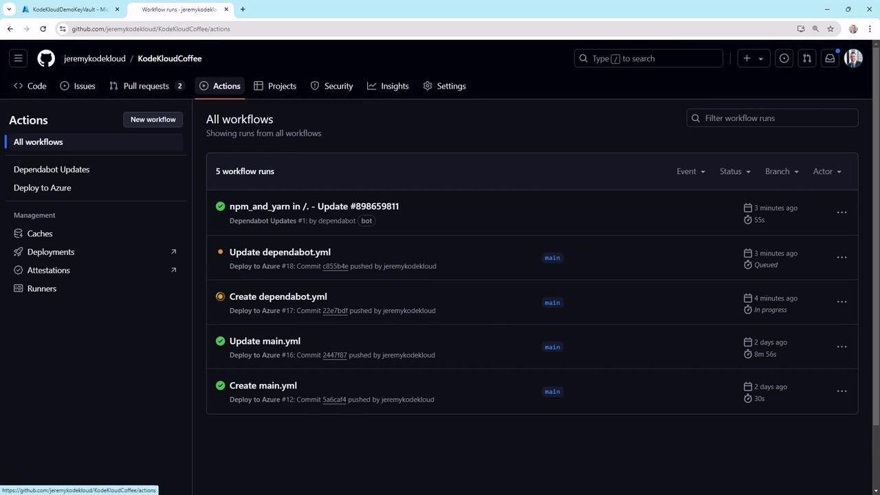 The image shows a GitHub Actions page for the repository "KodeKloudCoffee," displaying a list of recent workflow runs with their statuses and details.