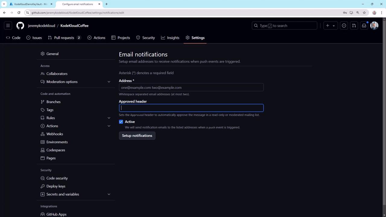 The image shows a GitHub settings page for configuring email notifications, where users can set email addresses to receive notifications when push events are triggered.
