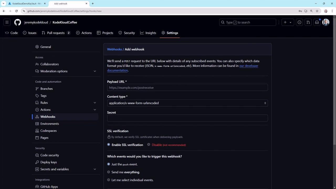 The image shows a GitHub settings page for adding a webhook, where users can configure the payload URL, content type, secret, SSL verification, and select events to trigger the webhook.