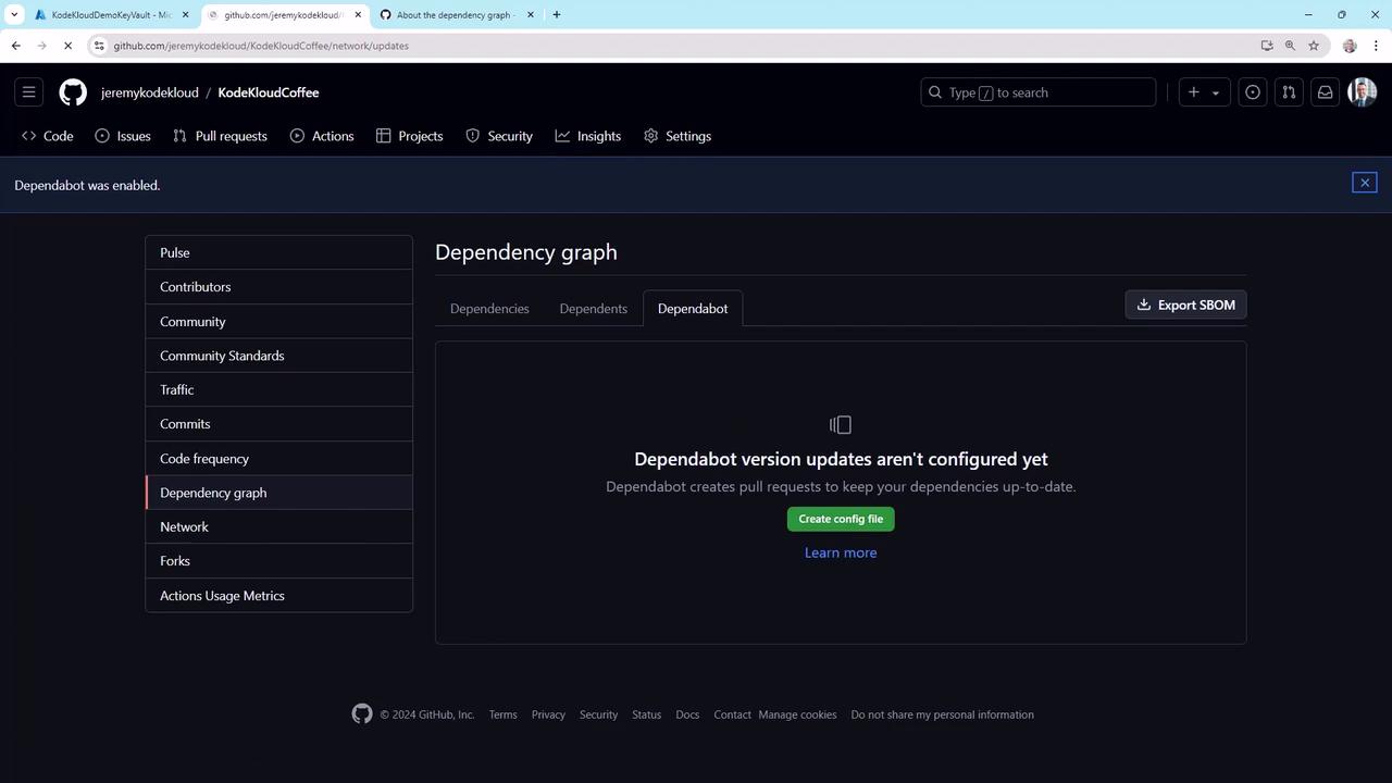 The image shows a GitHub repository page for "KodeKloudCoffee" with the "Dependency graph" section open. It indicates that Dependabot version updates aren't configured yet, with an option to create a config file.
