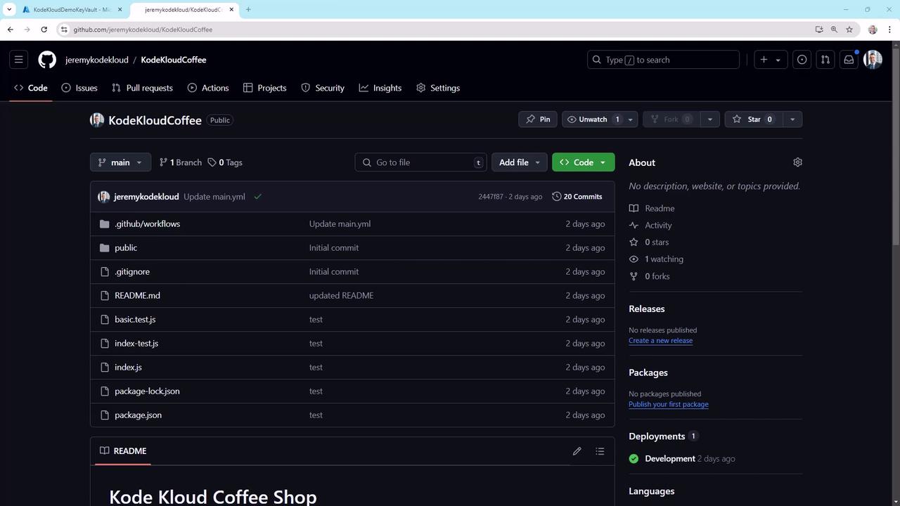 The image shows a GitHub repository page named "KodeKloudCoffee" with various files and folders listed, including `.github/workflows`, `public`, and several JavaScript files. The repository has 20 commits and no stars or forks.