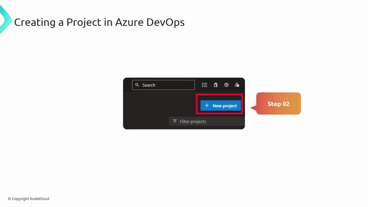 The image shows a step in creating a project in Azure DevOps, highlighting the "New project" button. It is labeled as Step 02.