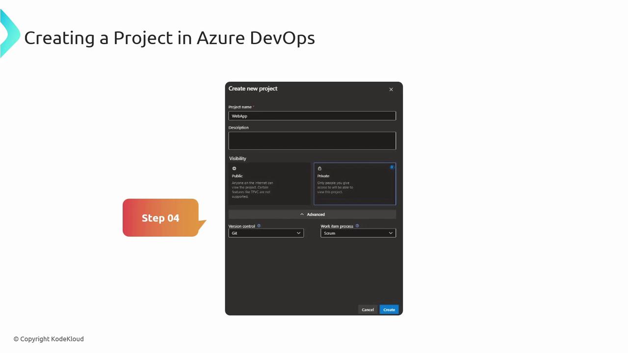 The image shows a step in creating a project in Azure DevOps, with a form for entering project details like name, visibility, version control, and work item process. It is labeled as "Step 04" and includes options for setting the project to public or private.