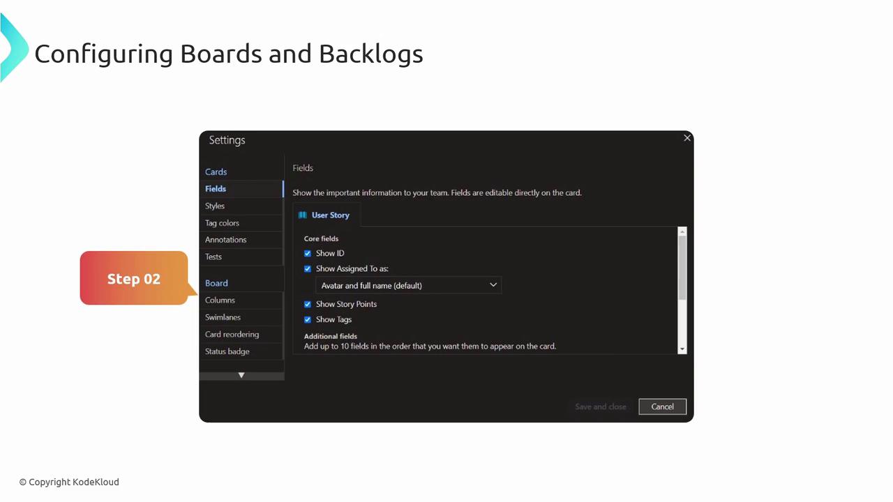 The image shows a settings menu for configuring boards and backlogs, specifically focusing on fields related to user stories. It highlights options like showing ID, assigned names, story points, and tags.