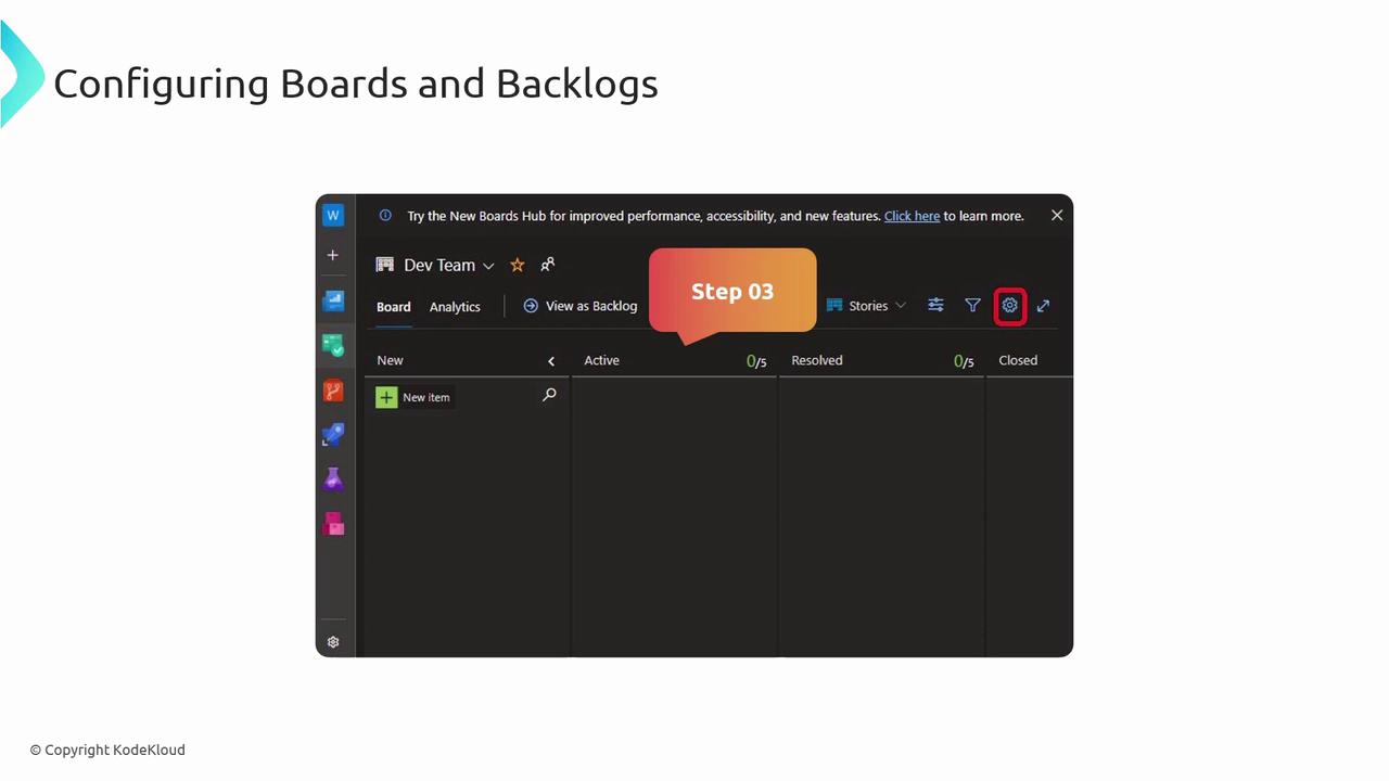 The image shows a software interface for configuring boards and backlogs, highlighting "Step 03" with a focus on a settings icon. It includes options for viewing analytics and backlog, with a section for adding new items.