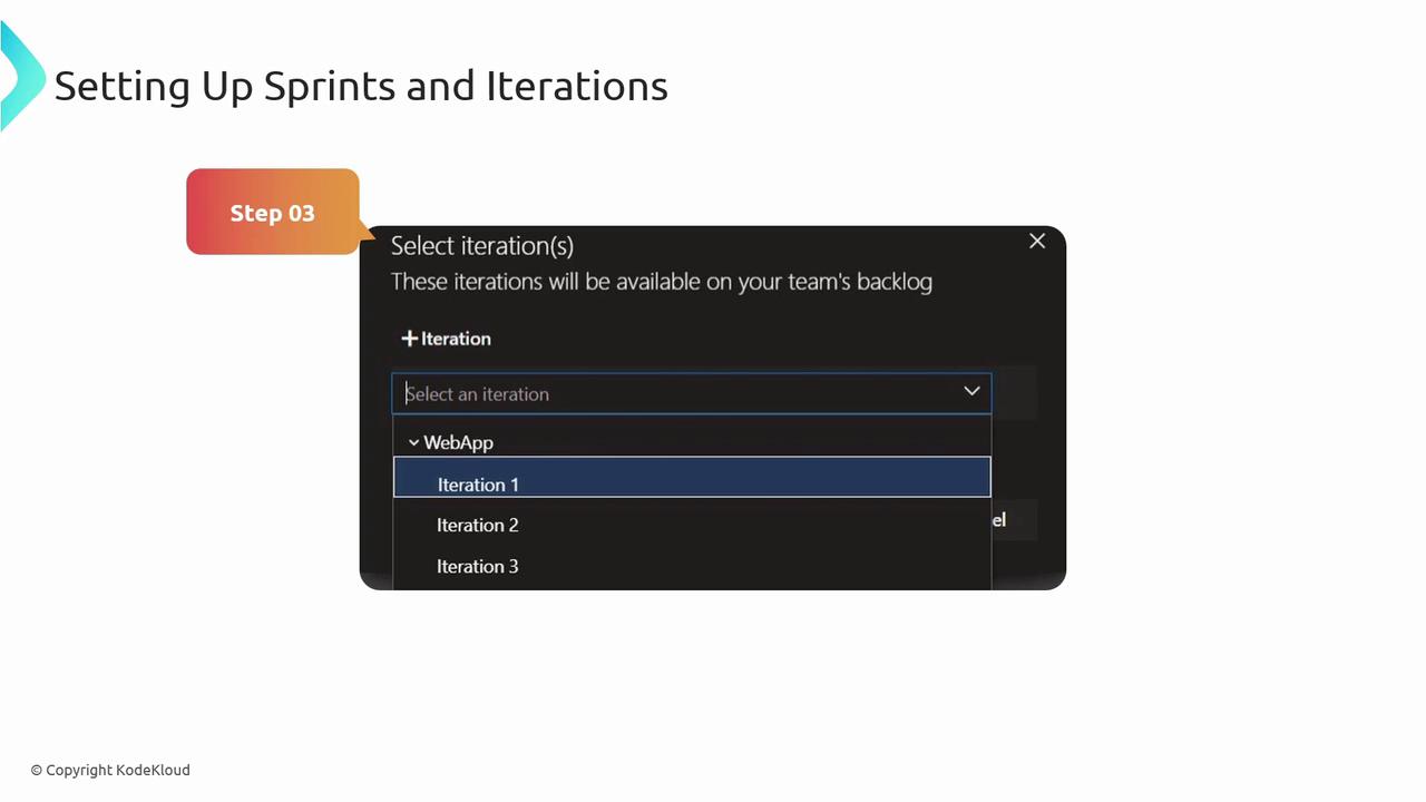 The image shows a step in setting up sprints and iterations, with a dropdown menu for selecting iterations like "Iteration 1," "Iteration 2," and "Iteration 3." It is labeled as Step 03.