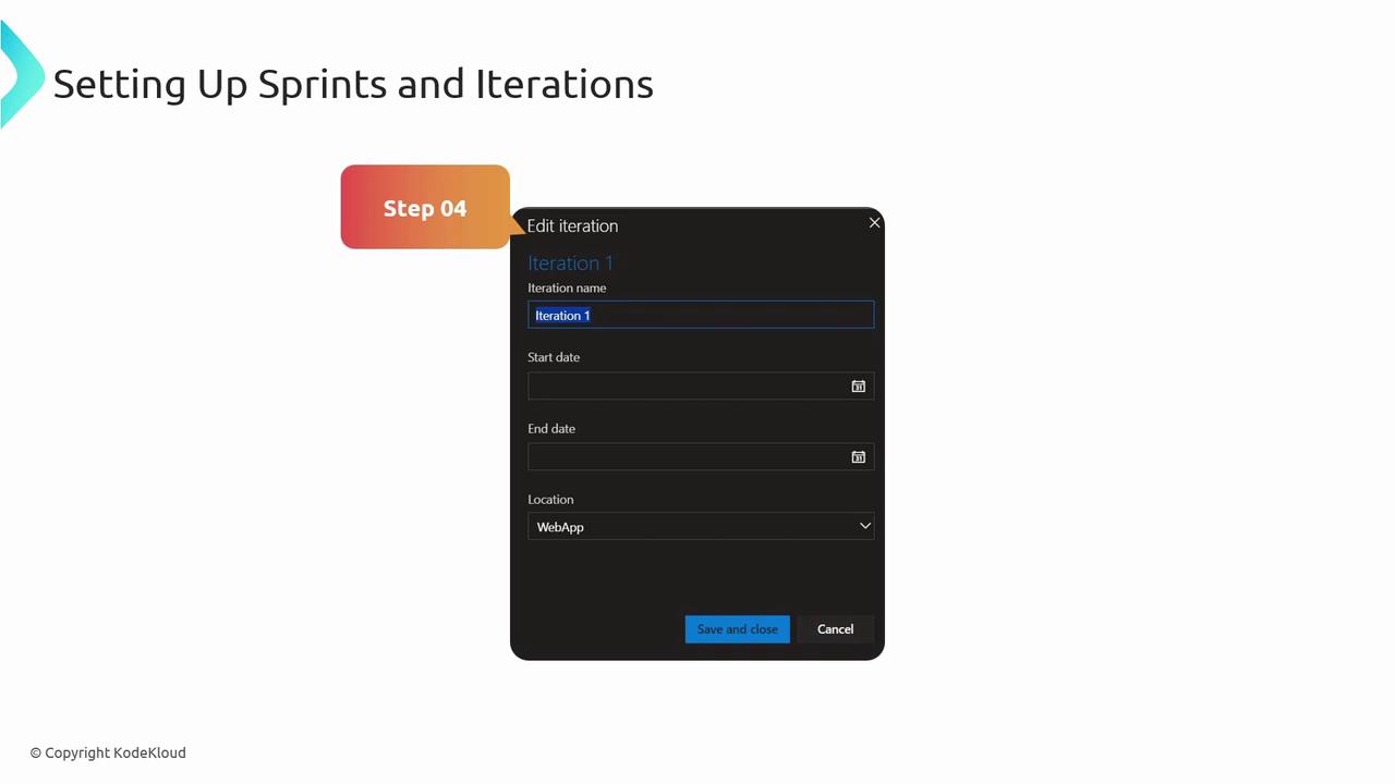 The image shows a user interface for setting up sprints and iterations, with fields for iteration name, start date, end date, and location. It is labeled as "Step 04" in the process.