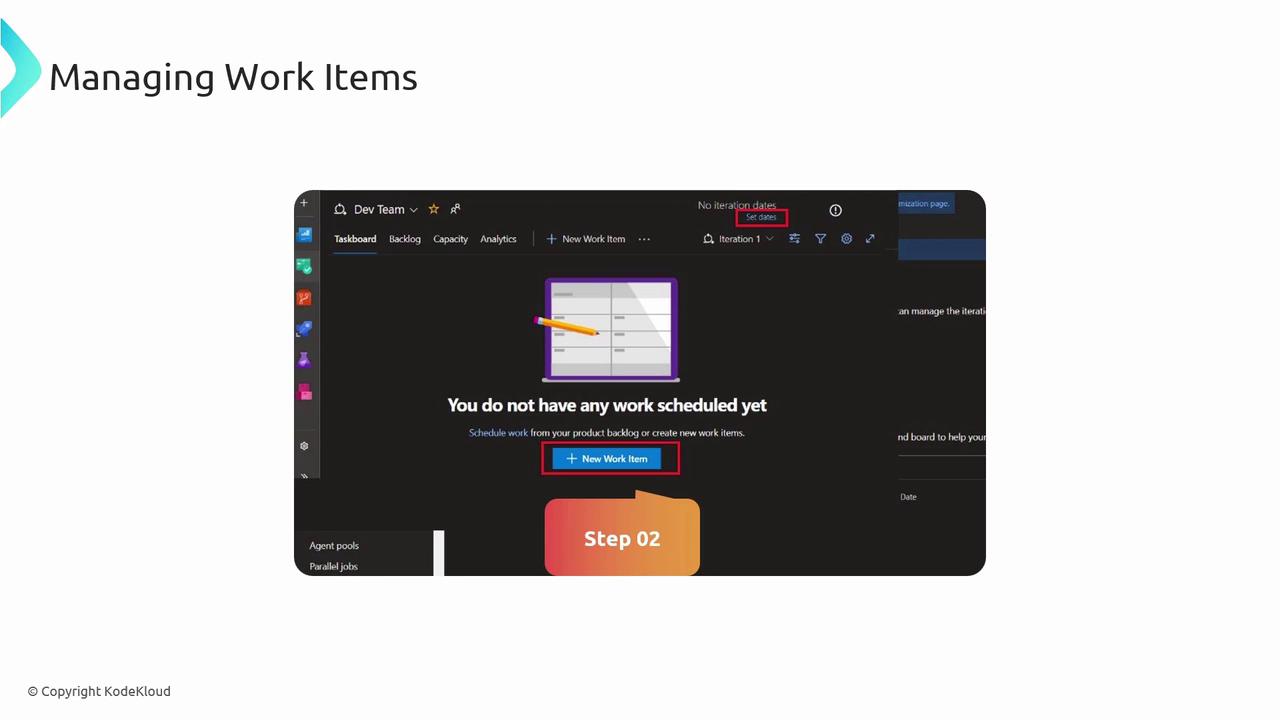 The image shows a software interface for managing work items, with options to set dates and create new work items. It indicates that no work is currently scheduled.