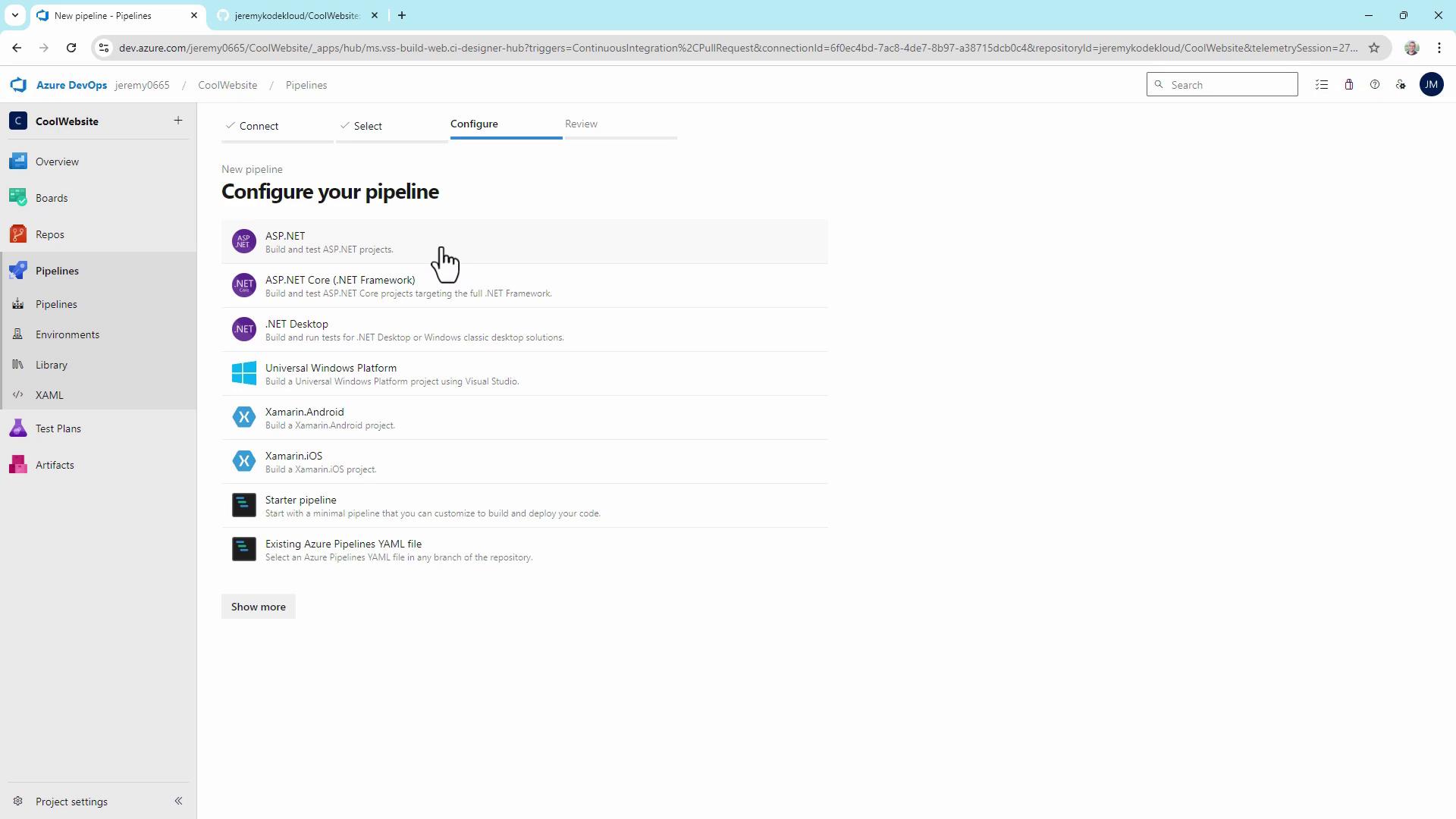 The image shows the "Configure your pipeline" page in Azure DevOps, where various project types like ASP.NET, .NET Desktop, and Xamarin are listed for selection.