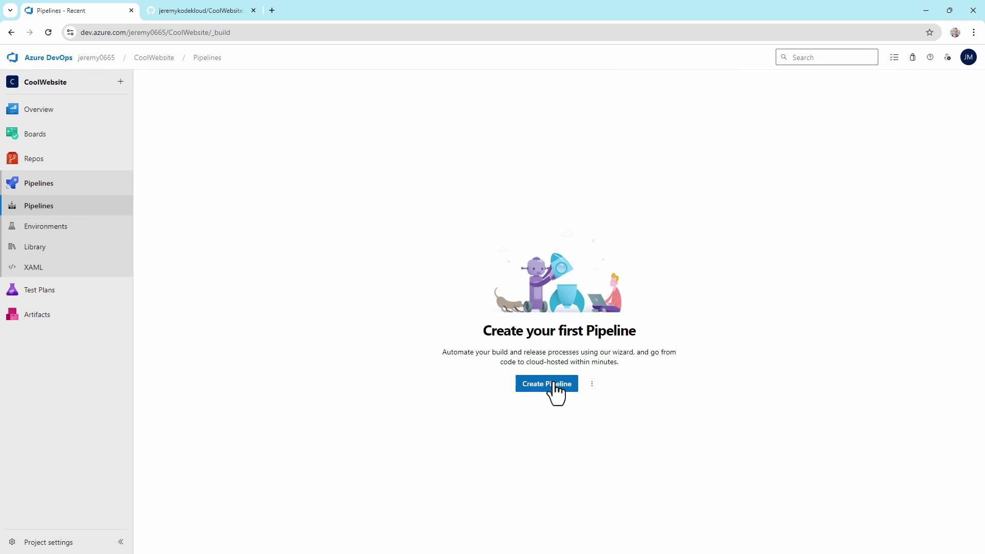 The image shows an Azure DevOps interface prompting the user to create their first pipeline, with a sidebar menu on the left and a "Create Pipeline" button in the center.