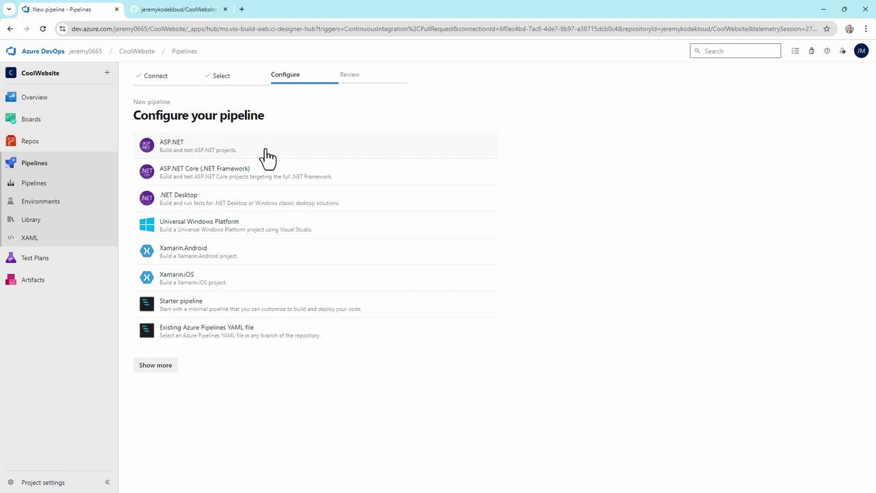 The image shows an Azure DevOps interface where a user is configuring a new pipeline, with options for different project types like ASP.NET and Xamarin.