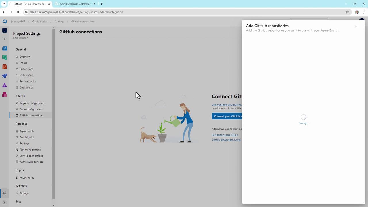 The image shows a web interface for connecting GitHub repositories to Azure Boards, with a sidebar for project settings and a pop-up window indicating a saving process.