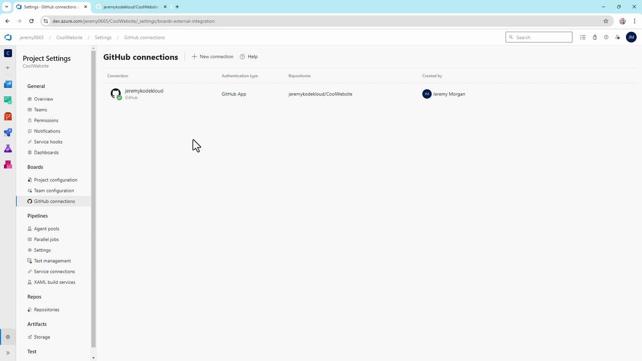 The image shows a GitHub connection settings page in Azure DevOps, displaying a connection to a GitHub repository. The sidebar includes options for project settings, boards, pipelines, and more.