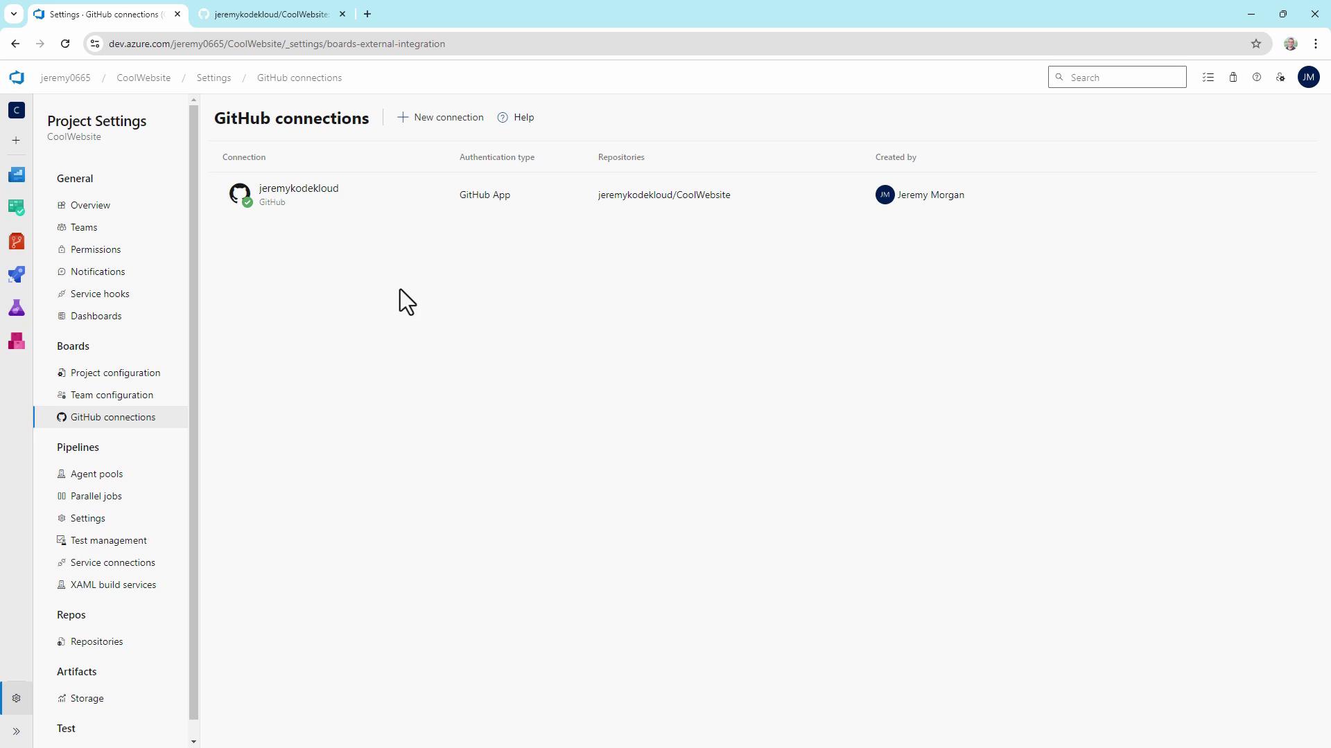 The image shows a GitHub connections settings page on Azure DevOps, displaying a connection to a GitHub repository. The left sidebar lists various project settings options.
