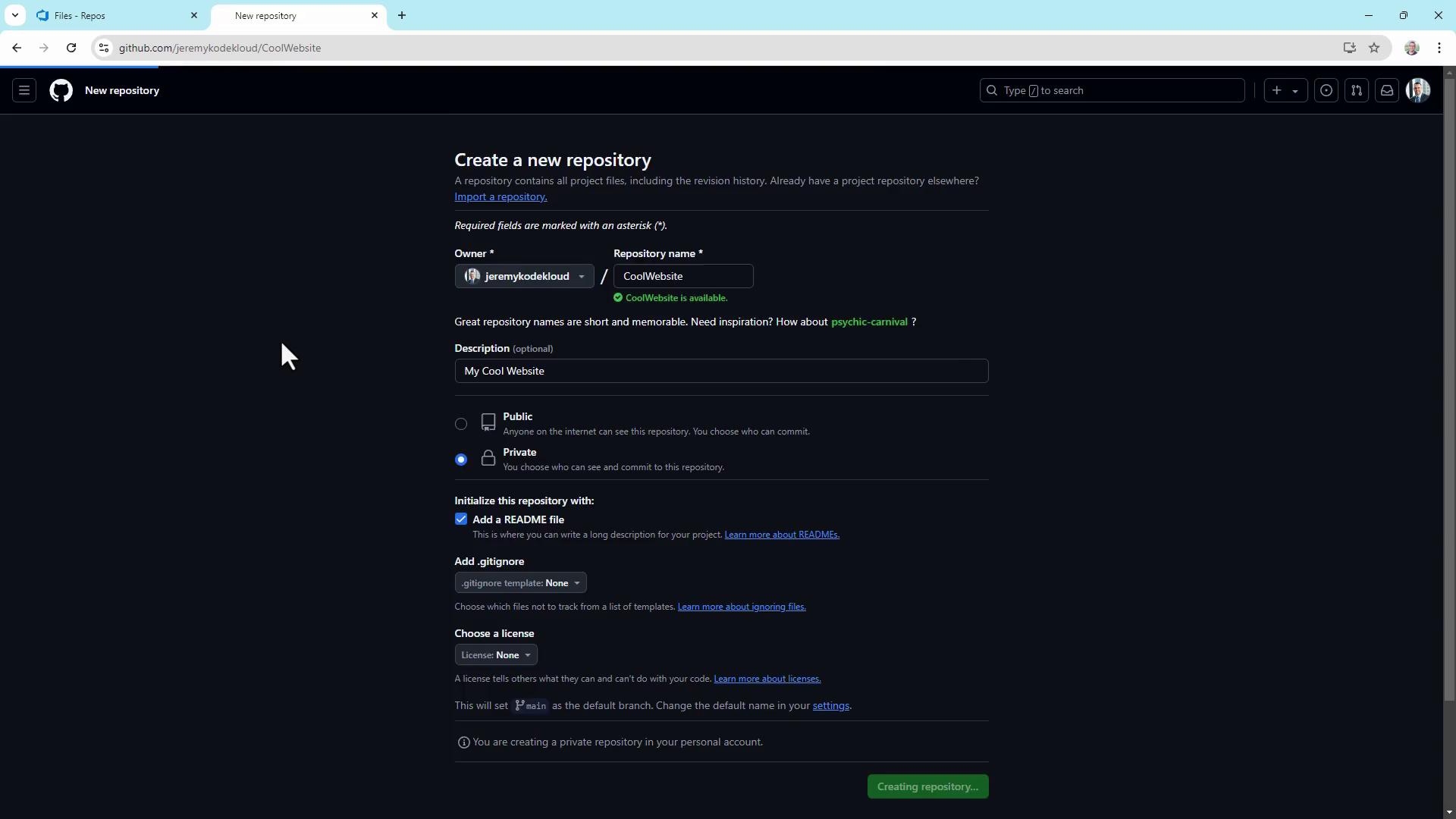 The image shows a GitHub interface for creating a new repository named "CoolWebsite," with options for privacy settings, adding a README file, and choosing a license.