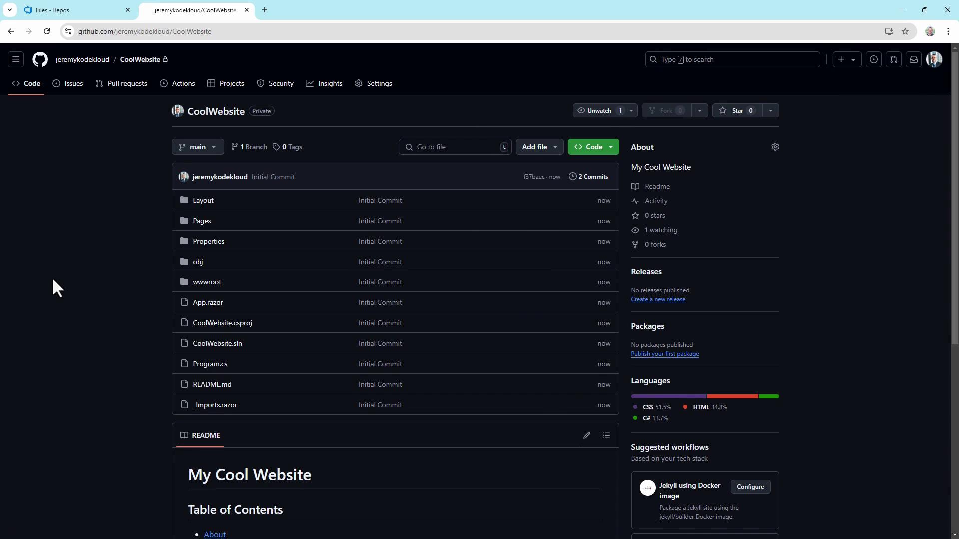 The image shows a GitHub repository page for a project named "CoolWebsite," displaying its file structure and details such as commits, branches, and languages used.