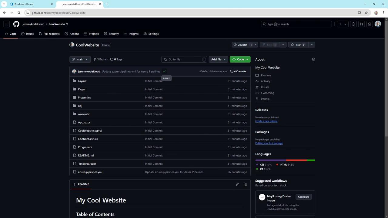 The image shows a GitHub repository page titled "CoolWebsite," displaying a list of files and folders with commit messages and details. The sidebar provides information about the repository, including languages used and suggested workflows.