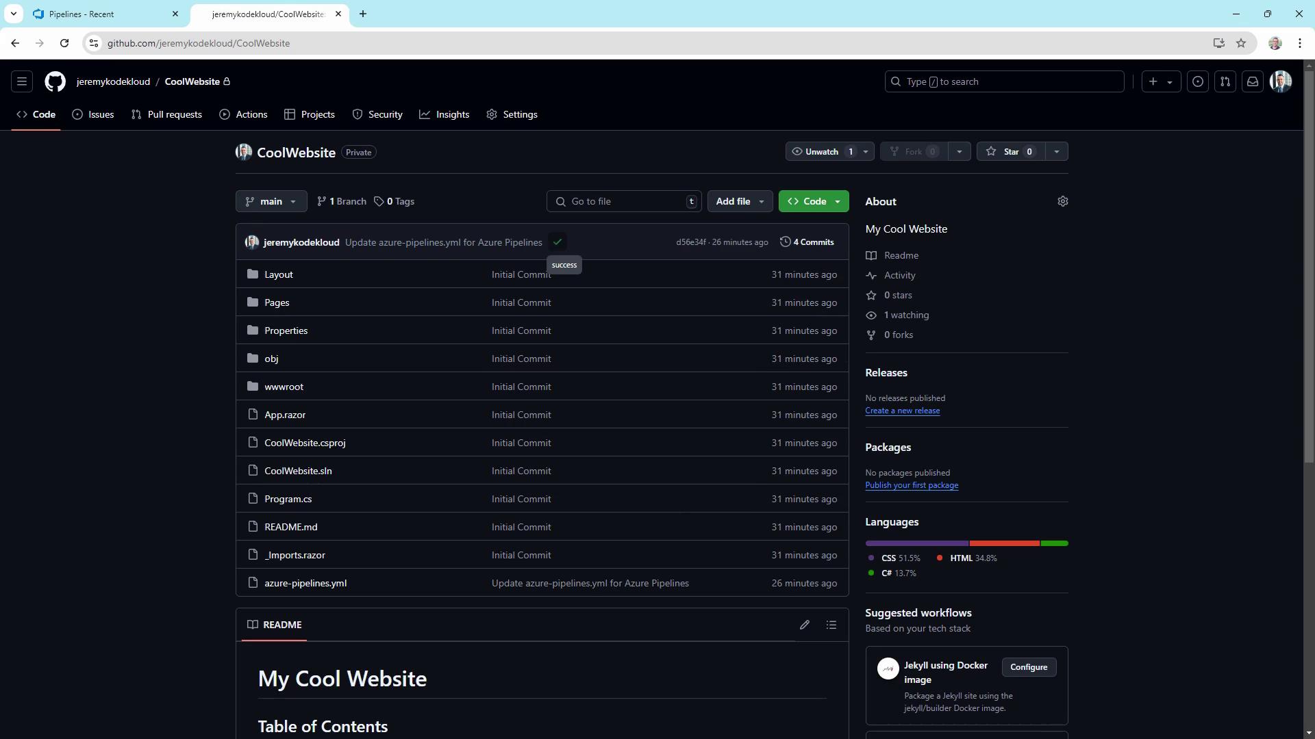 The image shows a GitHub repository page for a project named "CoolWebsite," displaying its file structure and recent commit history. The repository is private and includes files like `App.razor`, `Program.cs`, and `azure-pipelines.yml`.