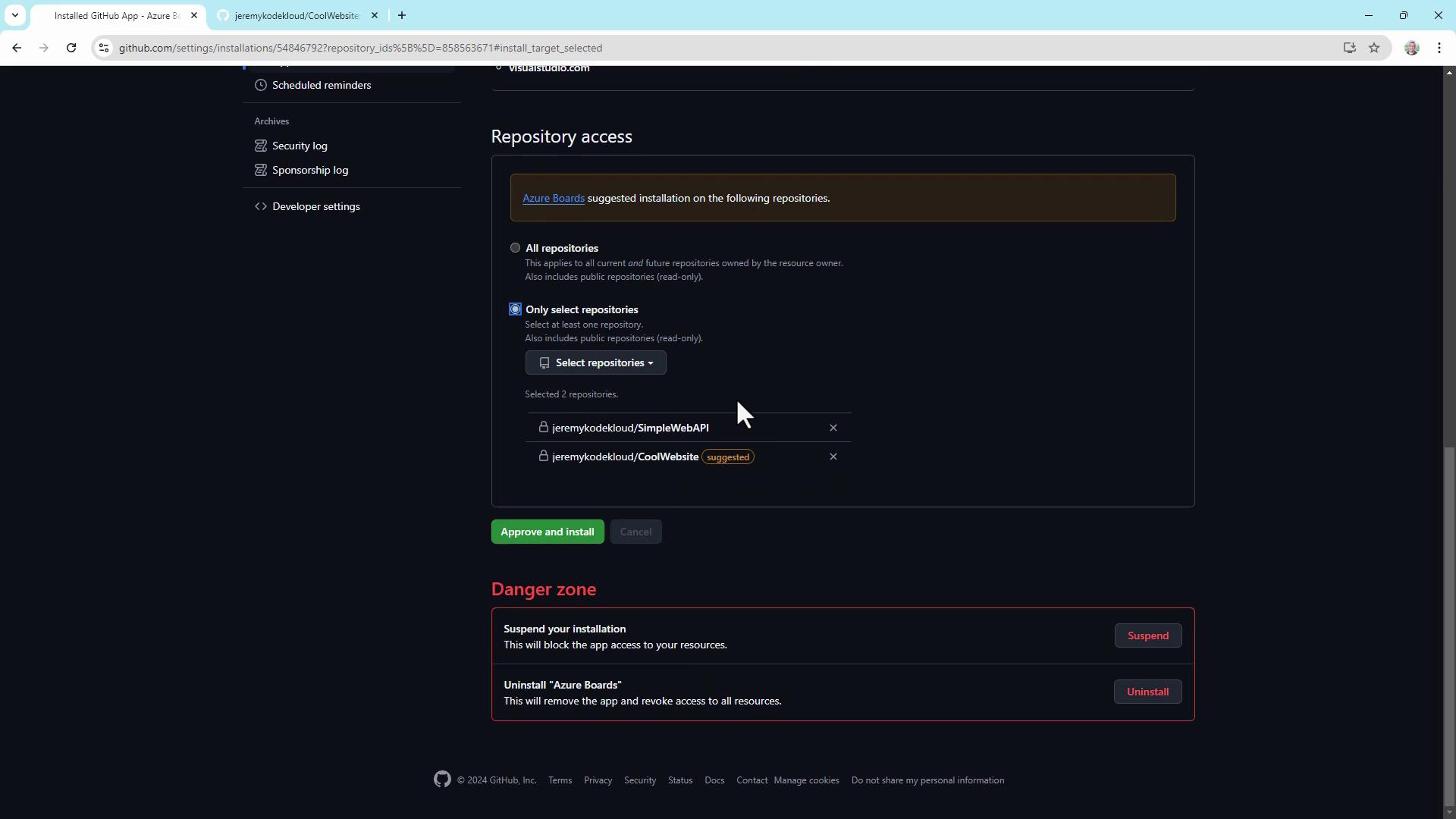 The image shows a GitHub settings page for managing repository access, specifically for installing an Azure Boards app on selected repositories. There are options to approve, install, suspend, or uninstall the app.