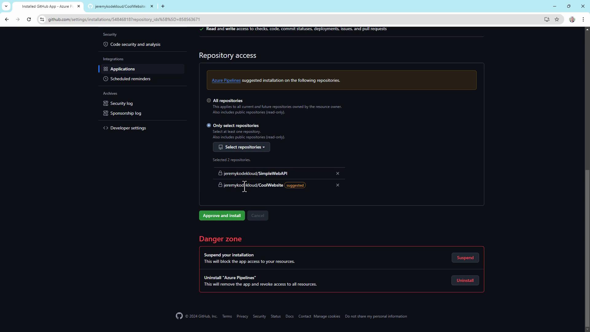The image shows a GitHub settings page for managing repository access, specifically for installing the Azure Pipelines app with options to select specific repositories. There are also options to suspend or uninstall the app in the "Danger zone" section.