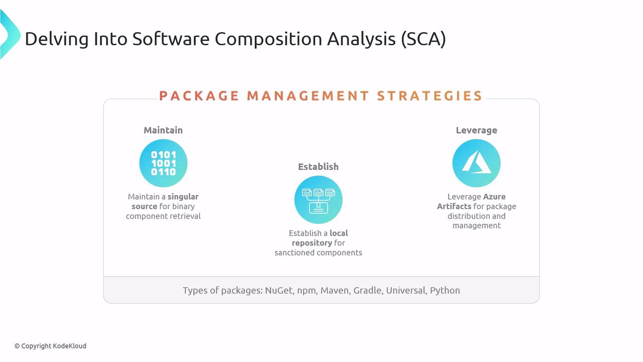 The image outlines package management strategies in software composition analysis, focusing on maintaining a singular source, establishing a local repository, and leveraging Azure Artifacts. It also mentions types of packages like NuGet, npm, Maven, Gradle, Universal, and Python.