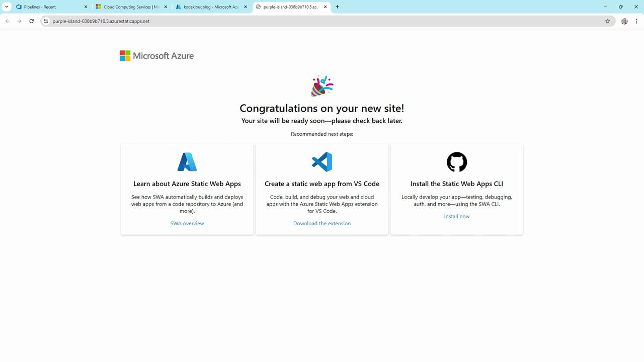 The image shows a Microsoft Azure congratulatory message for a new site, with recommended next steps including learning about Azure Static Web Apps, creating a static web app from VS Code, and installing the Static Web Apps CLI.