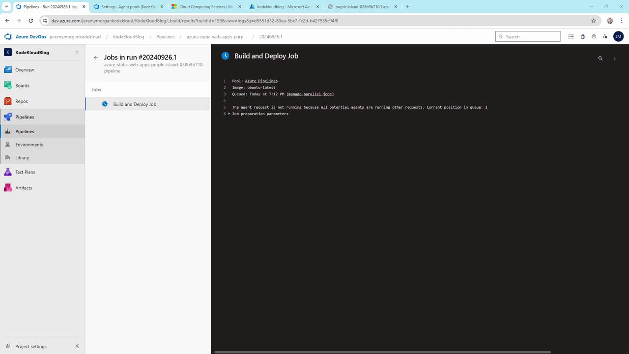 The image shows an Azure DevOps interface with a "Build and Deploy Job" in progress. The job is queued because all agents are busy, and it is in position 1 in the queue.