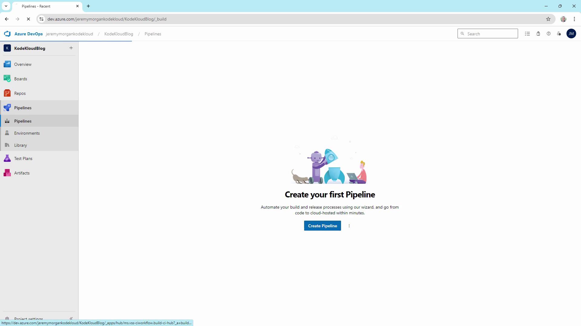 The image shows an Azure DevOps interface prompting the user to create their first pipeline, with navigation options on the left sidebar.