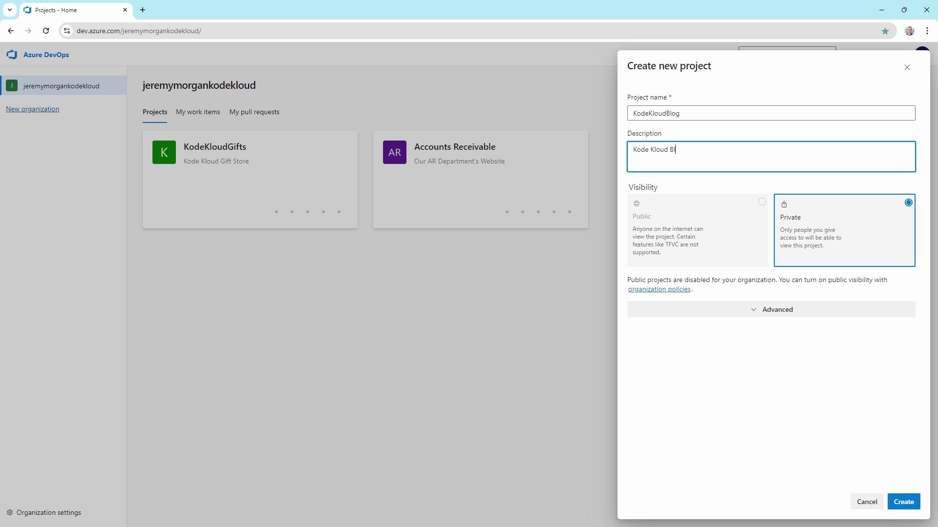 The image shows an Azure DevOps interface with a project creation window open, where a new project named "KodeKloudBlog" is being set up with private visibility.
