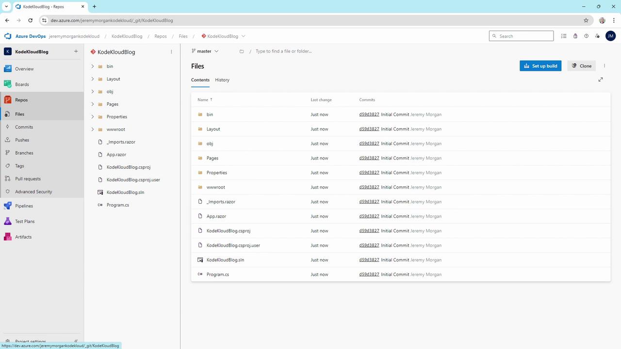 The image shows an Azure DevOps interface for a repository, listing files and folders for the "KodeKloudBlog" project with last change timestamps and commit details.