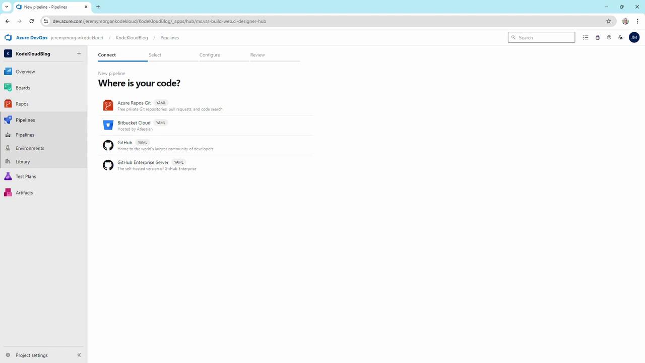 The image shows an Azure DevOps interface for creating a new pipeline, asking "Where is your code?" with options like Azure Repos Git, Bitbucket Cloud, GitHub, and GitHub Enterprise Server.