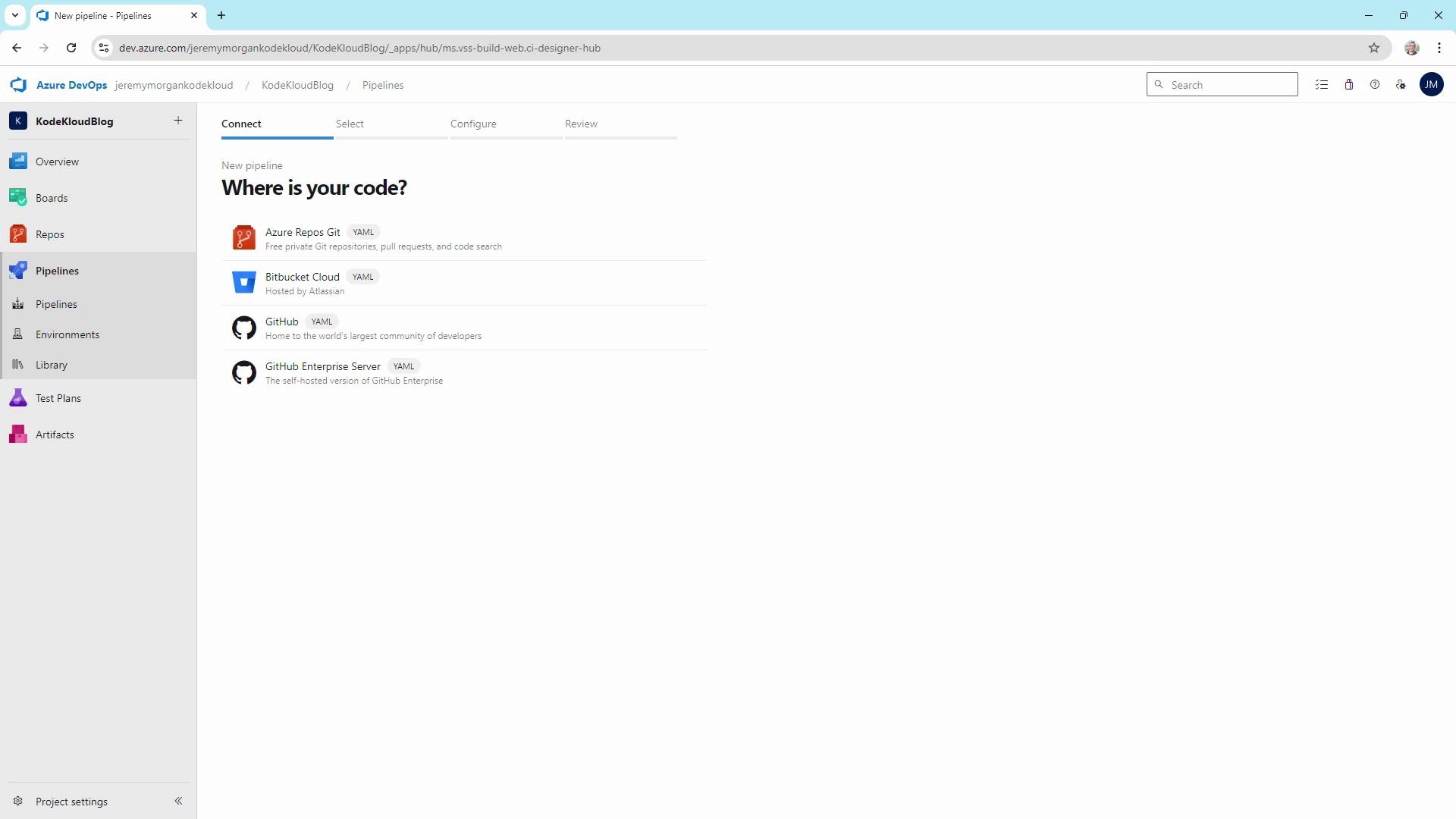The image shows an Azure DevOps interface for creating a new pipeline, asking "Where is your code?" with options for Azure Repos, Bitbucket Cloud, GitHub, and GitHub Enterprise Server.