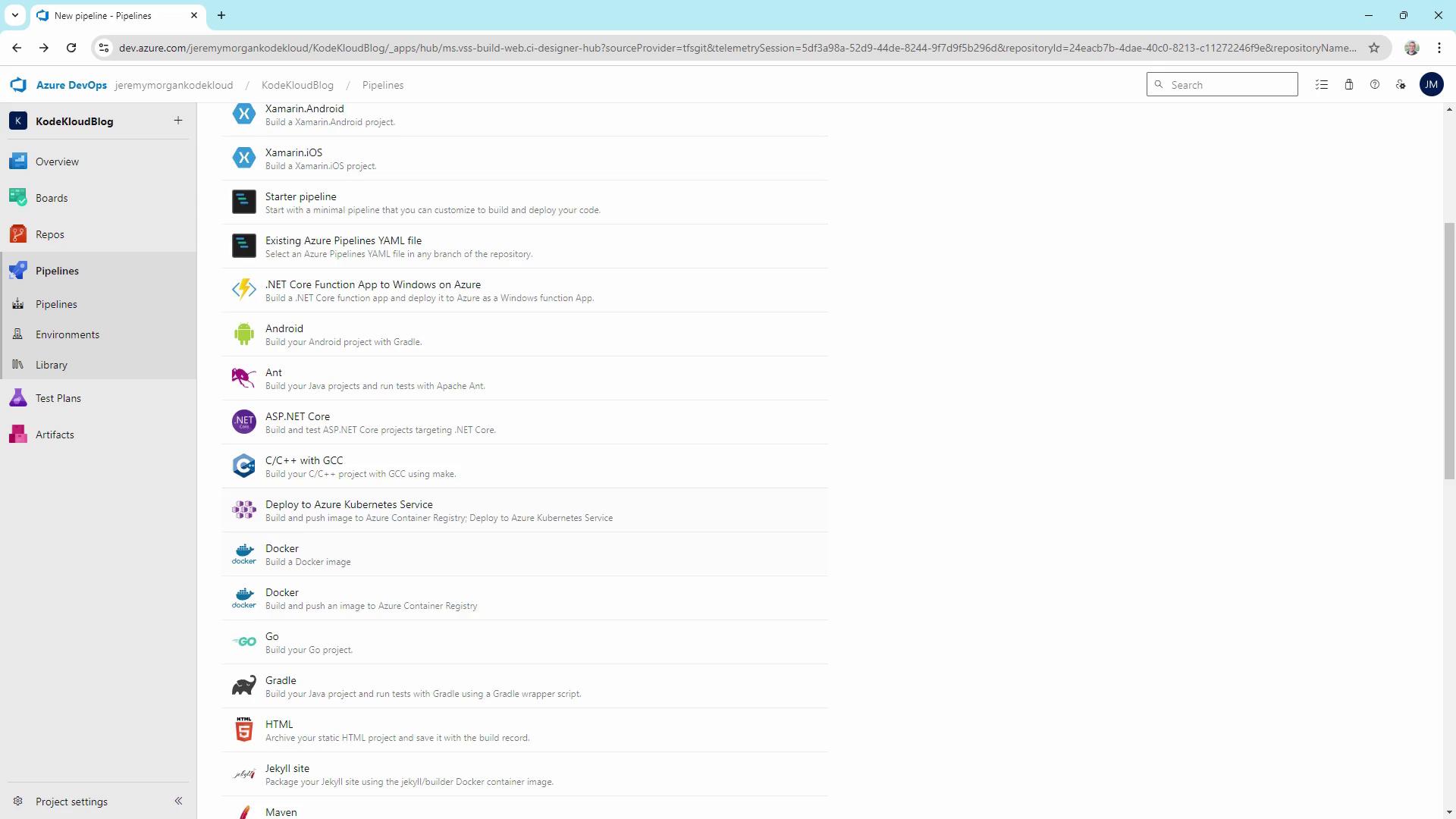 The image shows the Azure DevOps interface for creating a new pipeline, with various project templates listed, such as Xamarin.Android, .NET Core, and Docker. The left sidebar includes options like Overview, Boards, Repos, and Pipelines.