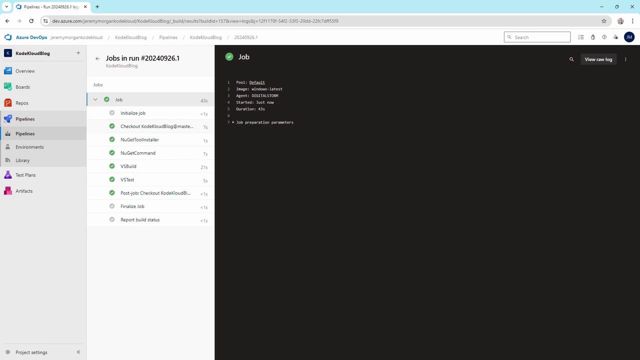 The image shows an Azure DevOps pipeline interface with a completed job run, displaying the steps and their statuses on the left and job details on the right.