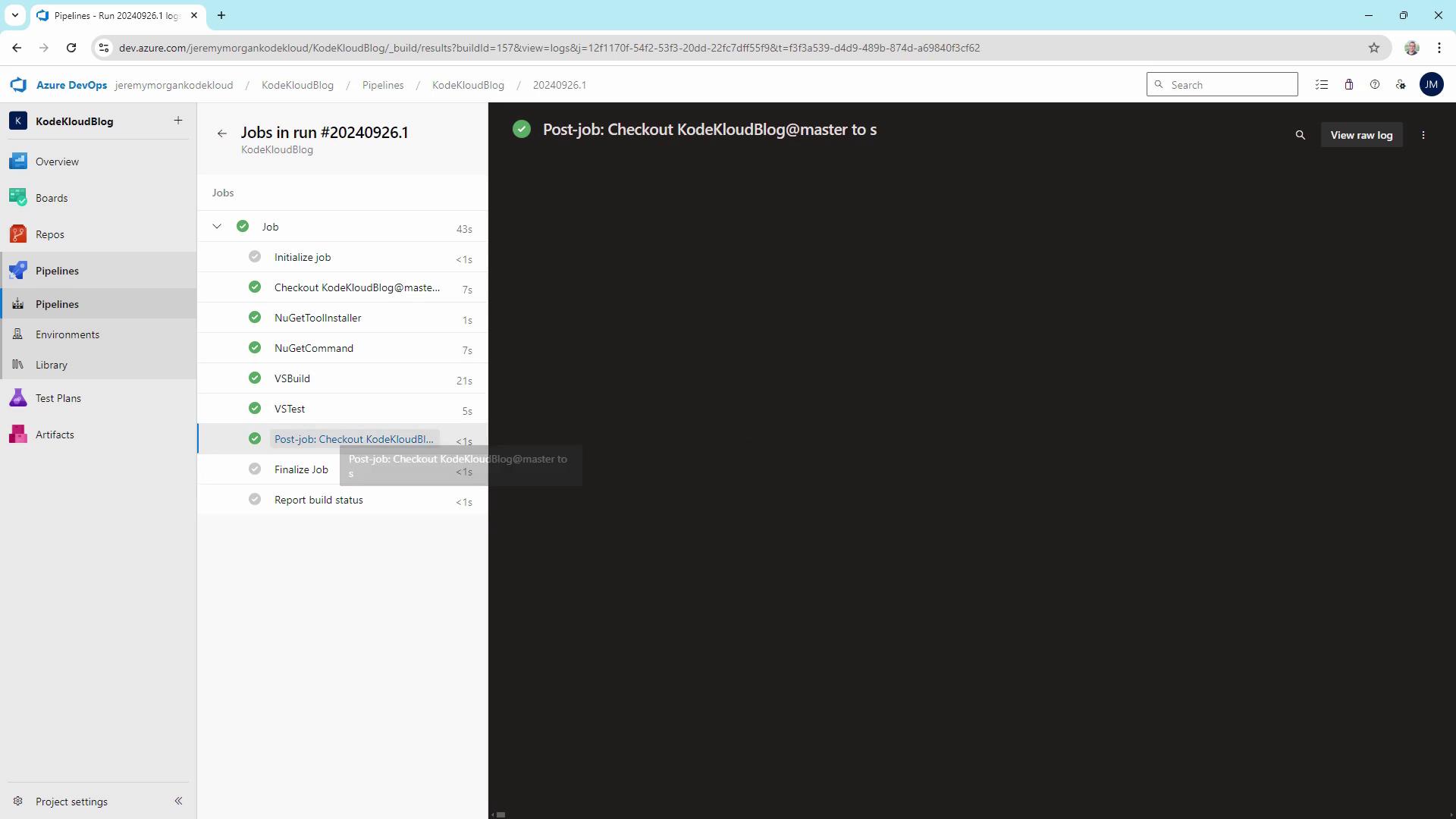 The image shows an Azure DevOps pipeline run for "KodeKloudBlog" with various completed job steps, including initialization, checkout, and build processes. Each step is marked with a green check, indicating successful completion.