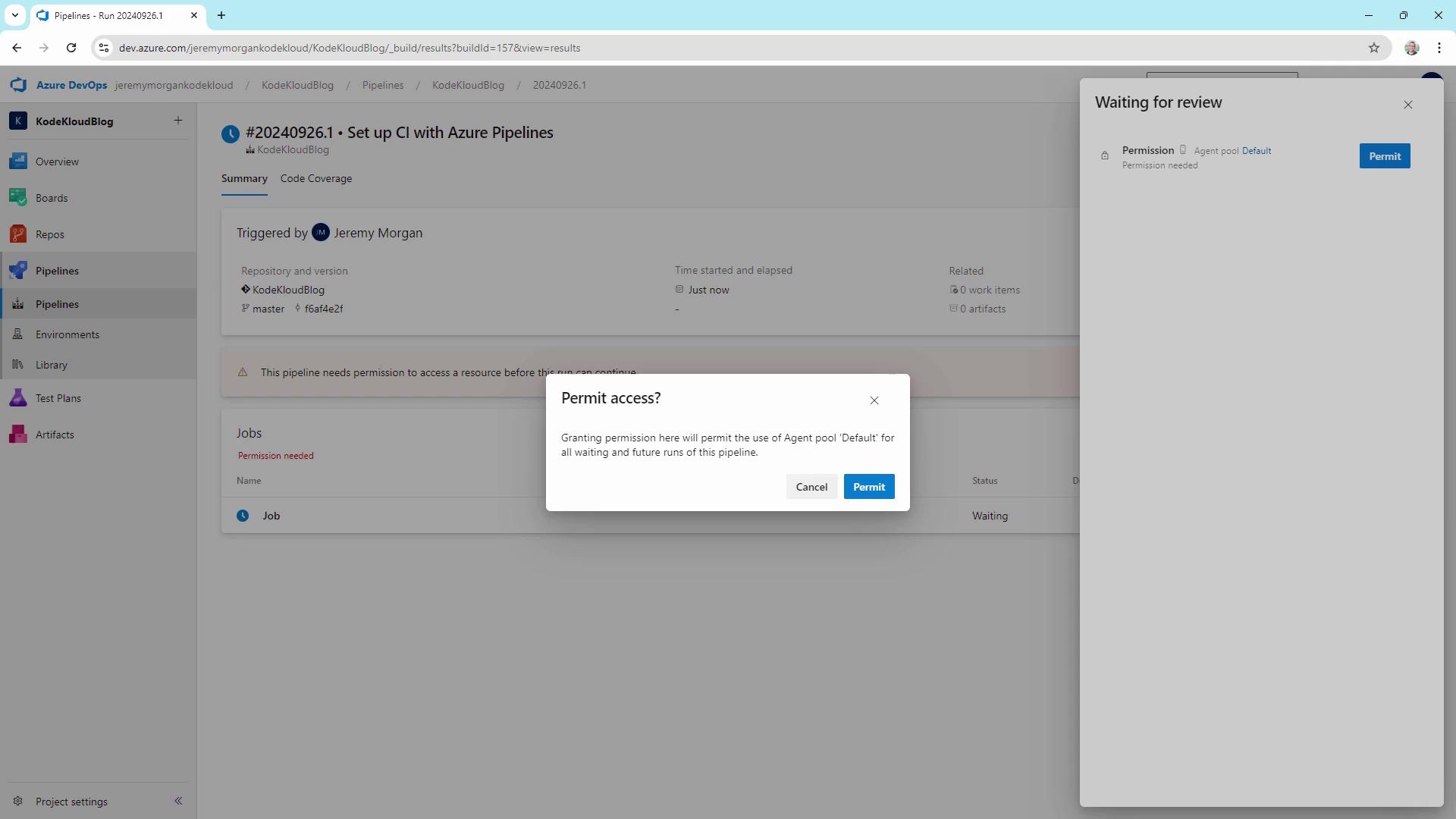 The image shows an Azure DevOps pipeline interface where a permission is needed to access a resource, with a pop-up asking to permit access for the agent pool "Default."