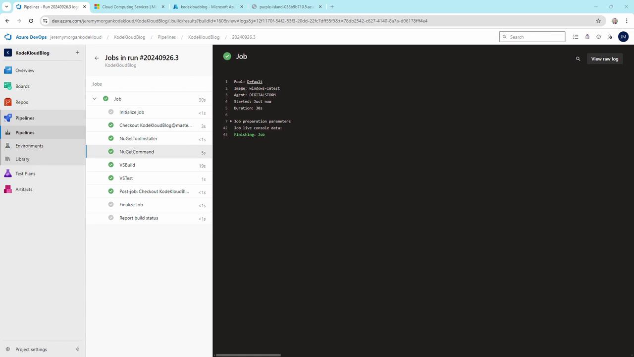 The image shows an Azure DevOps pipeline interface with a list of completed jobs and their statuses, indicating a successful build process.