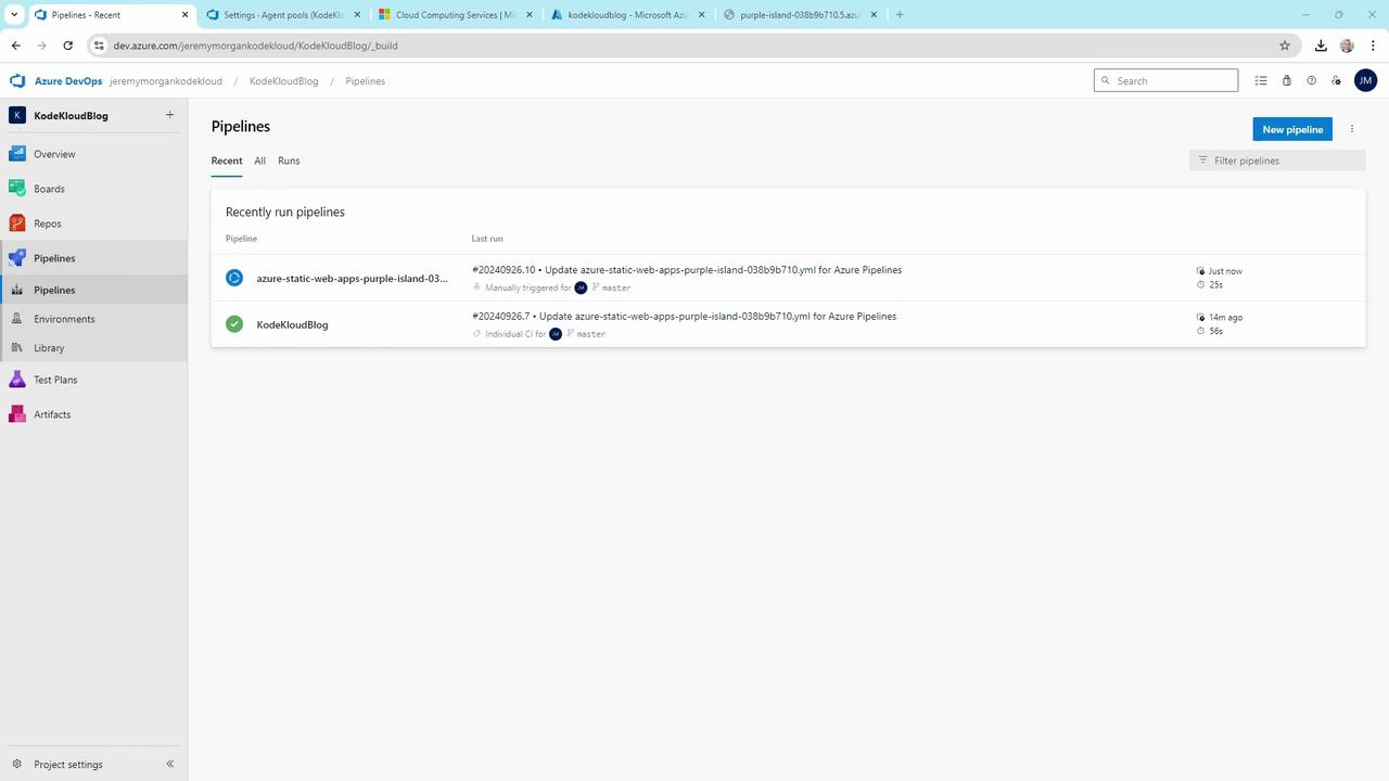 The image shows an Azure DevOps Pipelines dashboard with a list of recently run pipelines, including details like the pipeline name, last run time, and status.