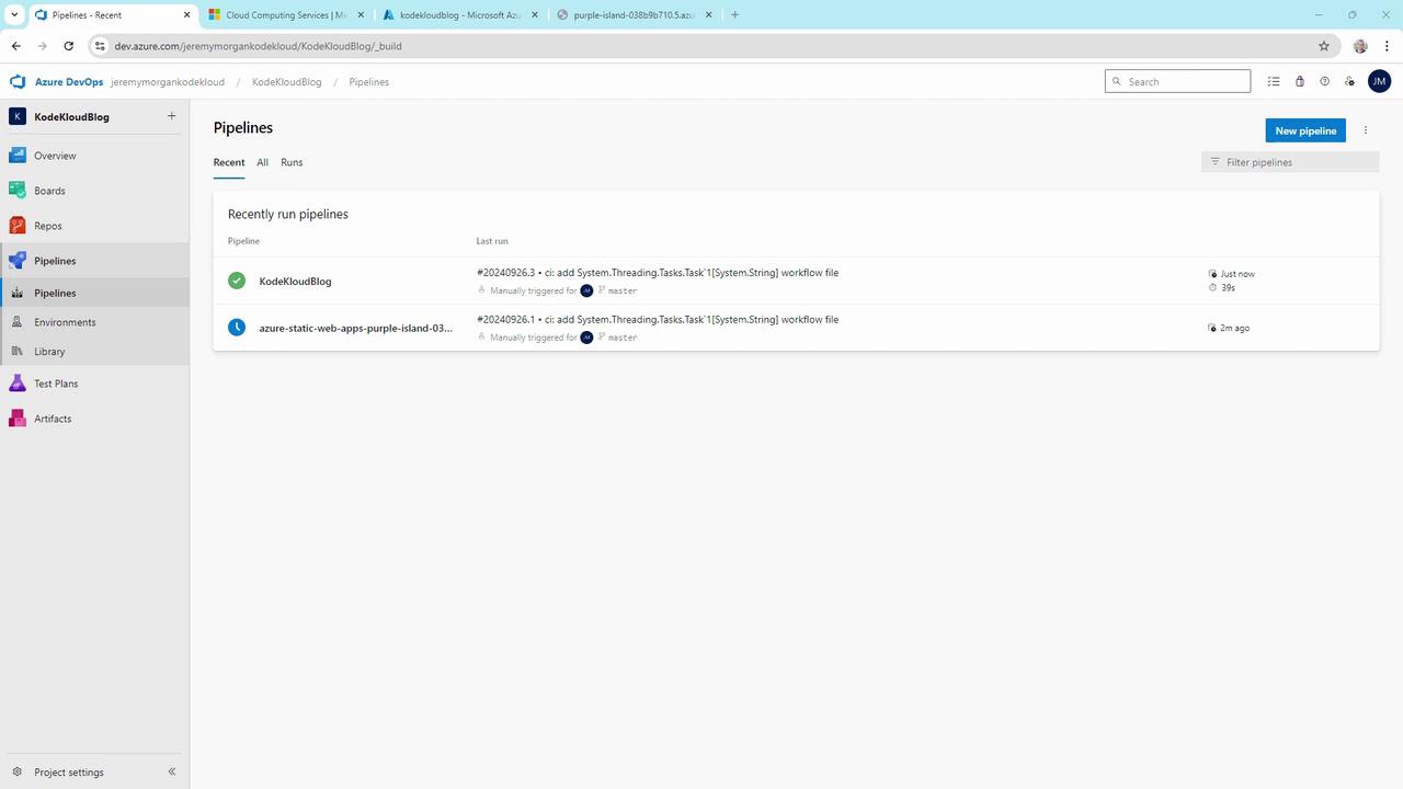 The image shows an Azure DevOps Pipelines dashboard with a list of recently run pipelines, including "KodeKloudBlog" and "azure-static-web-apps-purple-island," along with their statuses and last run details.