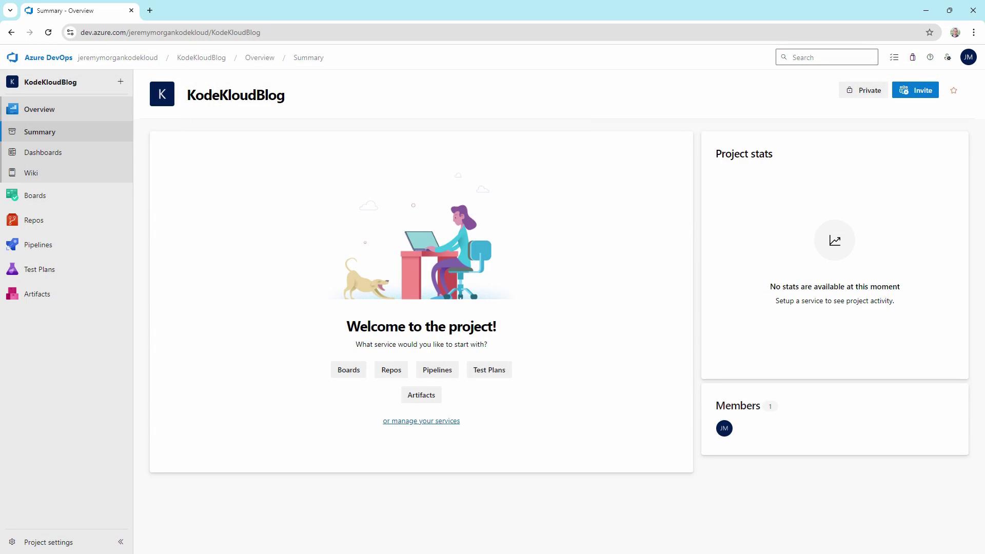 The image shows a project overview page from Azure DevOps, featuring a welcome message and options for various services like Boards, Repos, and Pipelines. The sidebar includes navigation links, and there are sections for project stats and members.